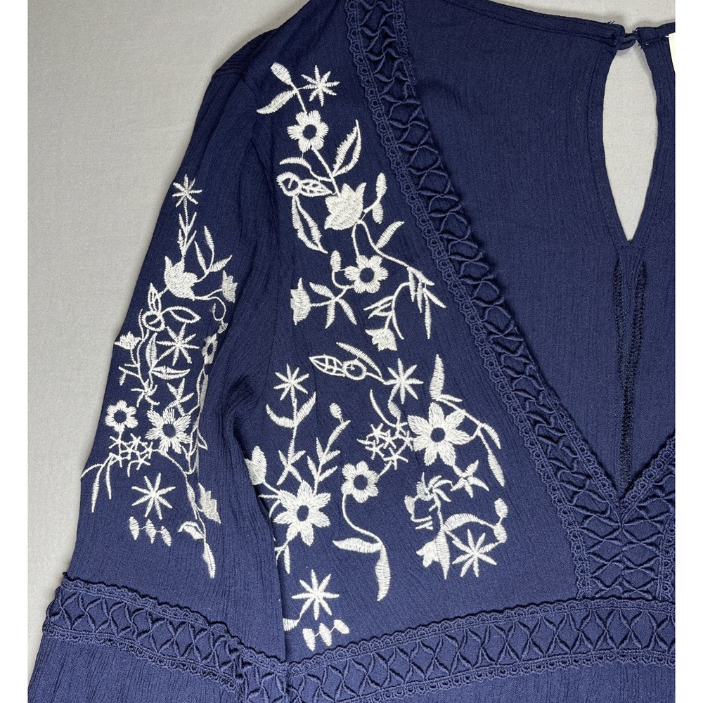 BLUE RAIN Womens‎ V-Neck Long Sleeve Boho Floral Navy Blue Mini Dress Large - Picture 7 of 13
